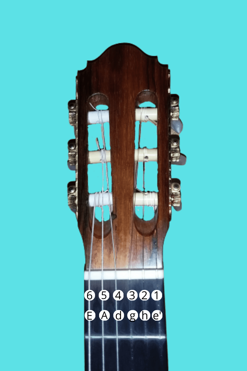 Die sechs Saiten einer Gitarre - links tief klingend, rechts hoch klingend Gitarren-Stimmtöne